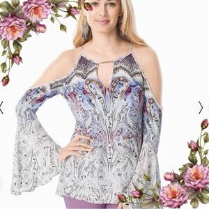 WHBM Paisley Print Open Cold Shoulders Lined Blouse Long Bell Sleeves